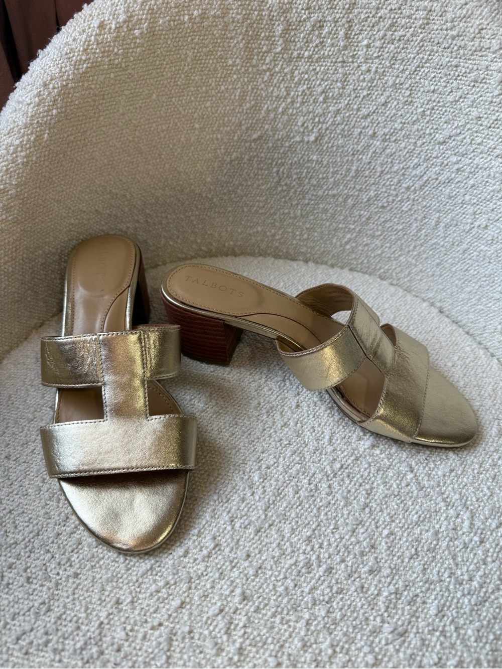 Talbots Gold Metallic Leather Block Heel Slide Sandals Size 7.5M